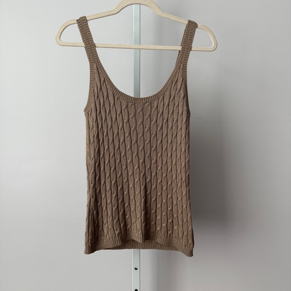 Chocolate M Brown Tank Top 100% Silk Cable Knit Summer Preppy Classic Minimalist